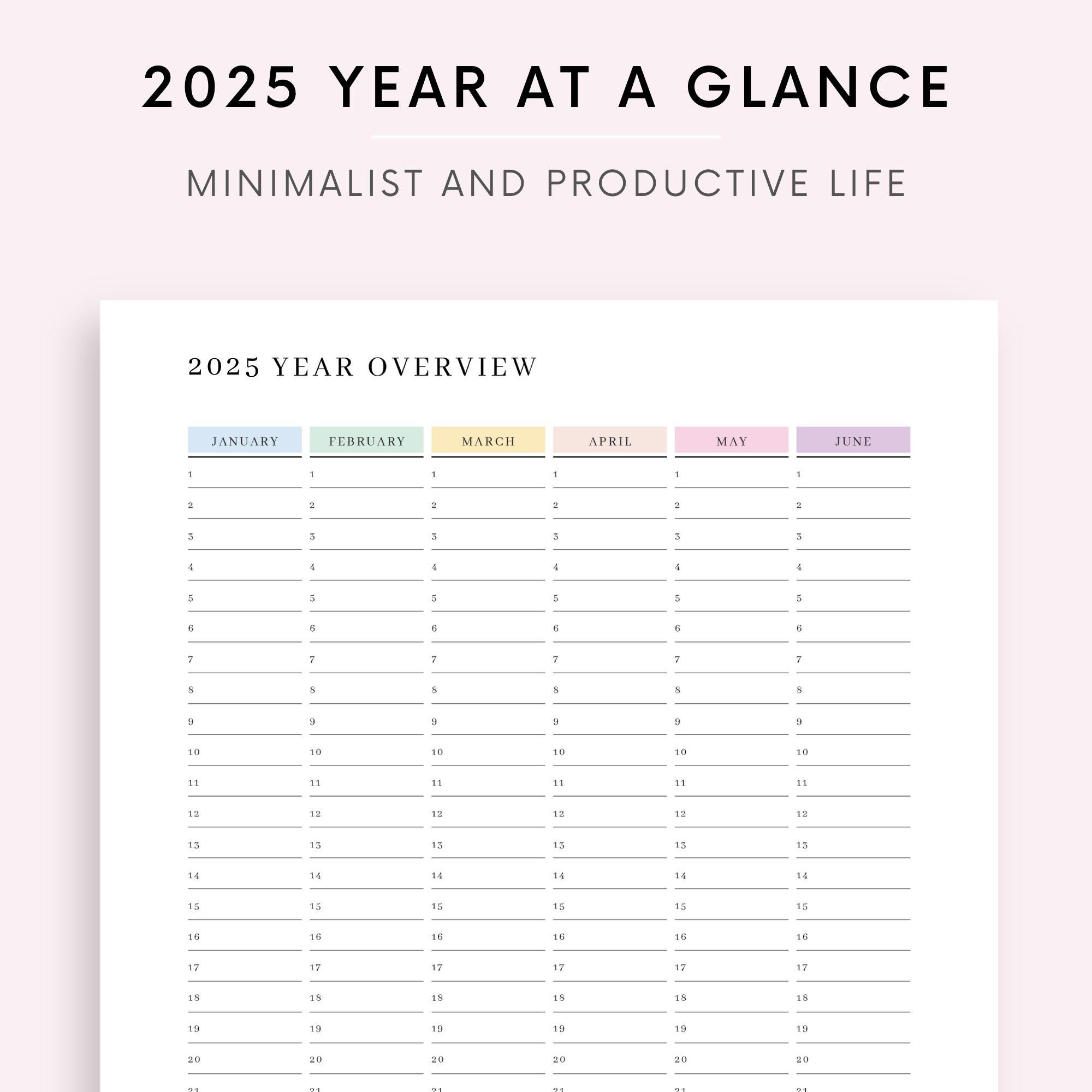 2025 Year at a Glance, Two Page Yearly Planner Printable, 12 Month ...