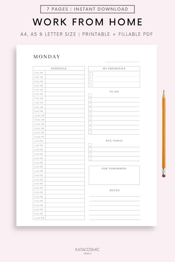Work From Home Planner, Personal Daily Planner, Productivity Planner, Daily Hourly Planner, Instant Download, A5/A4/Letter/Half Letter