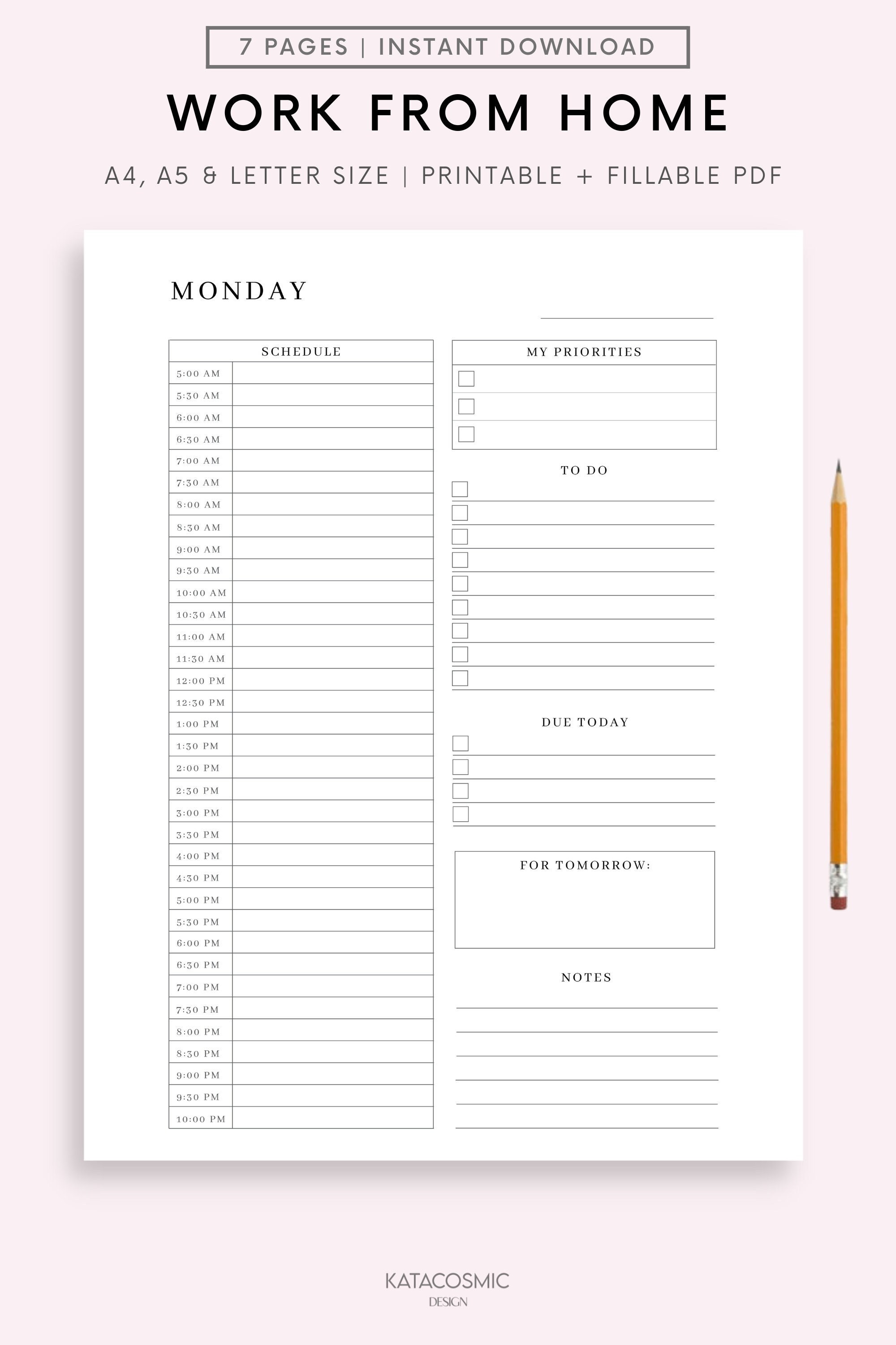 Work From Home Planner, Personal Daily Planner, Productivity Planner, Daily Hourly Planner, Instant Download, A5/A4/Letter/Half Letter