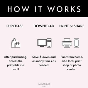 May include: A black and white illustration showing the steps to purchase, download, and print or share a digital product. The steps are: Purchase, Download, Print or Share. The illustration includes icons for shopping bags, a computer, a printer, and a smartphone.