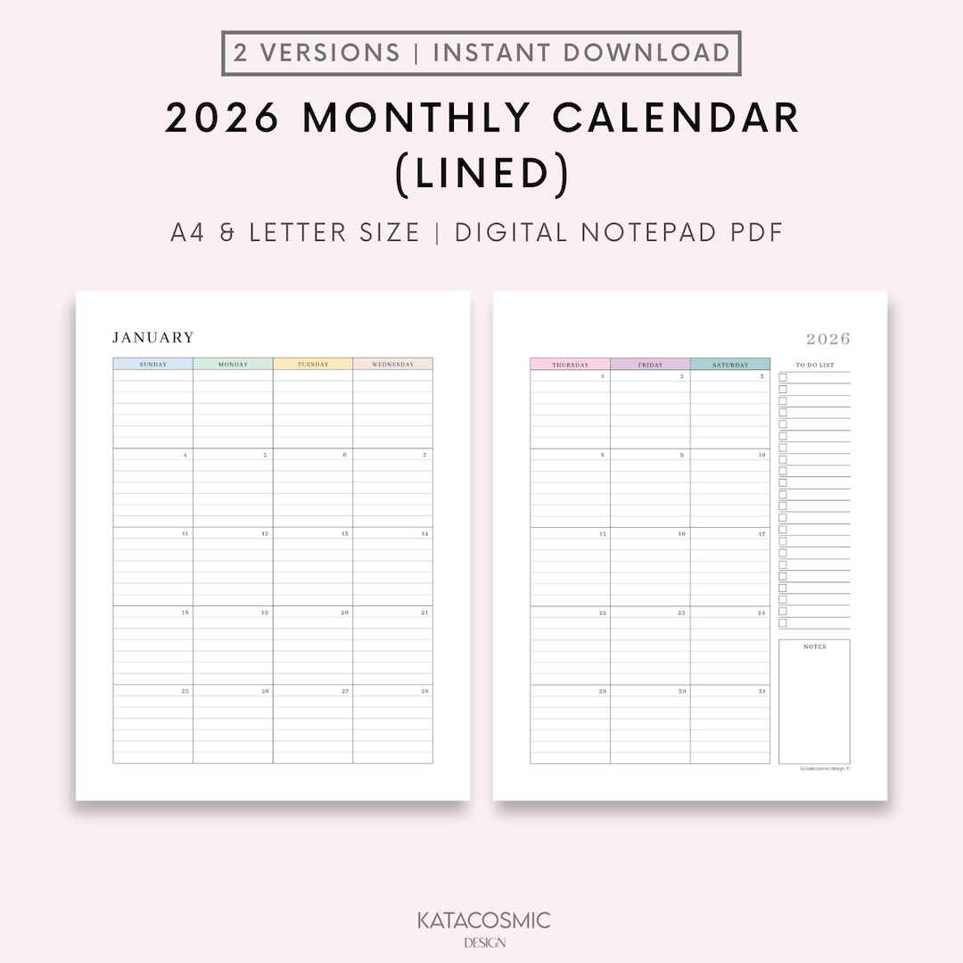 2026 Monthly Lined Calendar Printable, Dated Month on 2 Pages, 2026