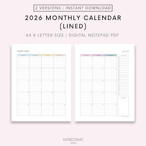 2026 Monthly Lined Calendar Printable, Dated Month on 2 Pages, 2026 Calendar, Month At a Glance, A4/Letter, Instant Download