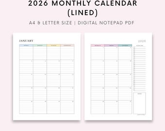 2026 Monthly Lined Calendar Printable, Dated Month on 2 Pages, 2026 Calendar, Month At a Glance, A4/Letter, Instant Download