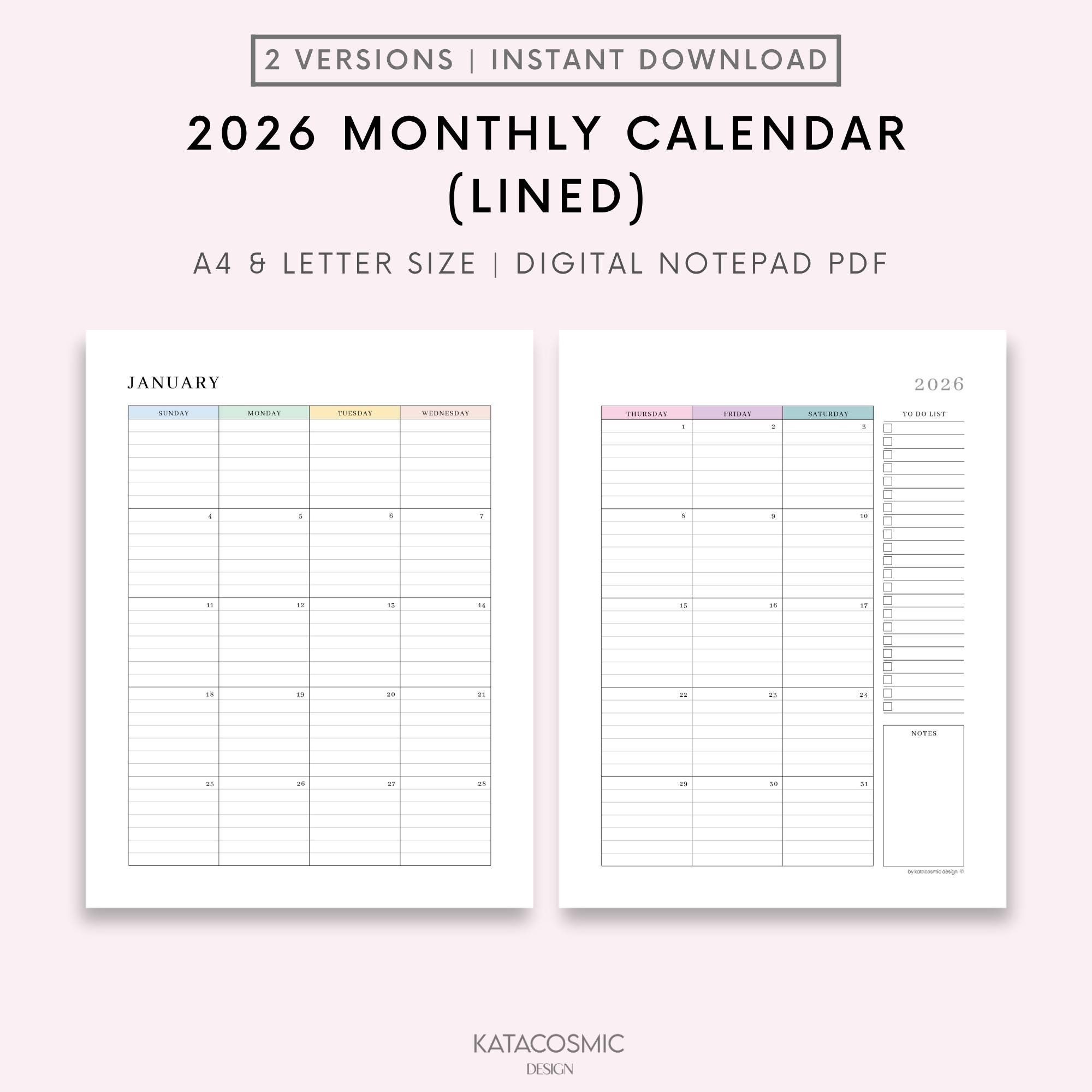 2026 Monthly Lined Calendar Printable, Dated Month on 2 Pages, 2026 ...
