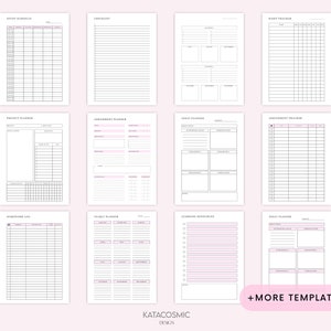 May include: A set of printable planner templates for students. The templates include a study schedule, checklist, habit tracker, project planner, assignment planner, essay planner, assignment tracker, homework log, yearly planner, learning resources, and brain planner. The templates are in black and white with pink accents.