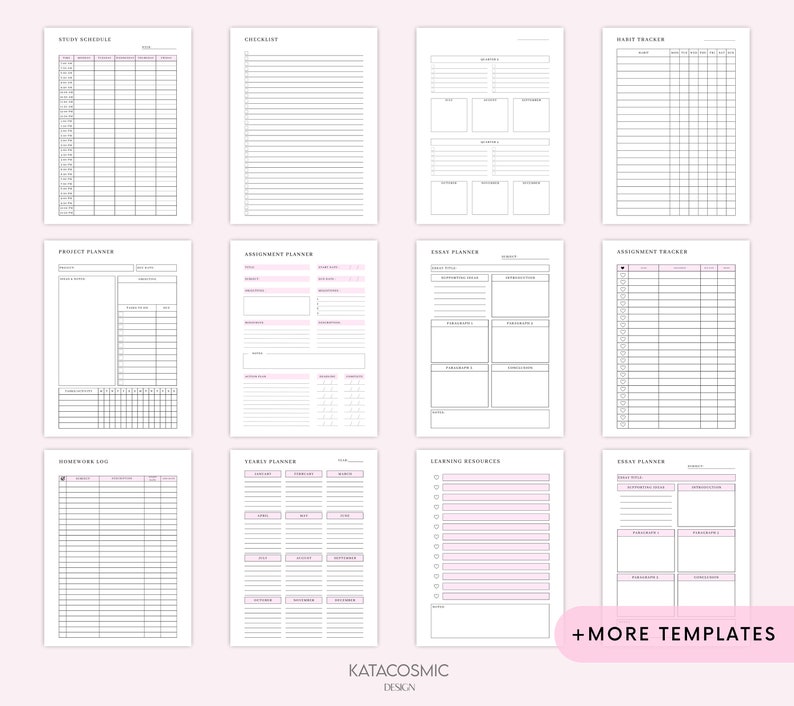 May include: A set of printable planner templates for students. The templates include a study schedule, checklist, habit tracker, project planner, assignment planner, essay planner, assignment tracker, homework log, yearly planner, learning resources, and brain planner. The templates are in black and white with pink accents.