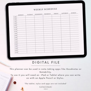 Pu&ograve; includere: Un modello di pianificatore settimanale digitale per iPad o tablet. Il pianificatore &egrave; progettato per essere utilizzato con app di presa appunti come Goodnotes o Notability. Il modello include una griglia con i giorni della settimana e fasce orarie dalle 5:00 alle 22:00.