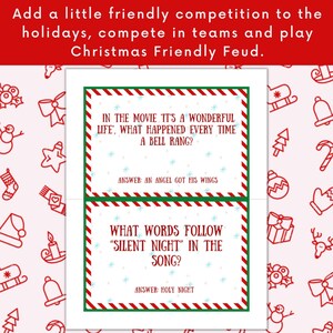 May include: A printable Christmas game card with red and green stripes. The card has two questions with answers. The first question asks what happened every time a bell rang in the movie "It's a Wonderful Life". The answer is "An angel got his wings". The second question asks what words follow "Silent Night" in the song. The answer is "Holy Night".