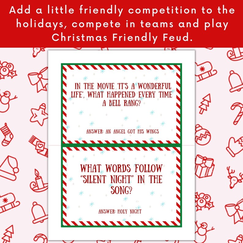 May include: A printable Christmas game card with red and green stripes. The card has two questions with answers. The first question asks what happened every time a bell rang in the movie "It's a Wonderful Life". The answer is "An angel got his wings". The second question asks what words follow "Silent Night" in the song. The answer is "Holy Night".