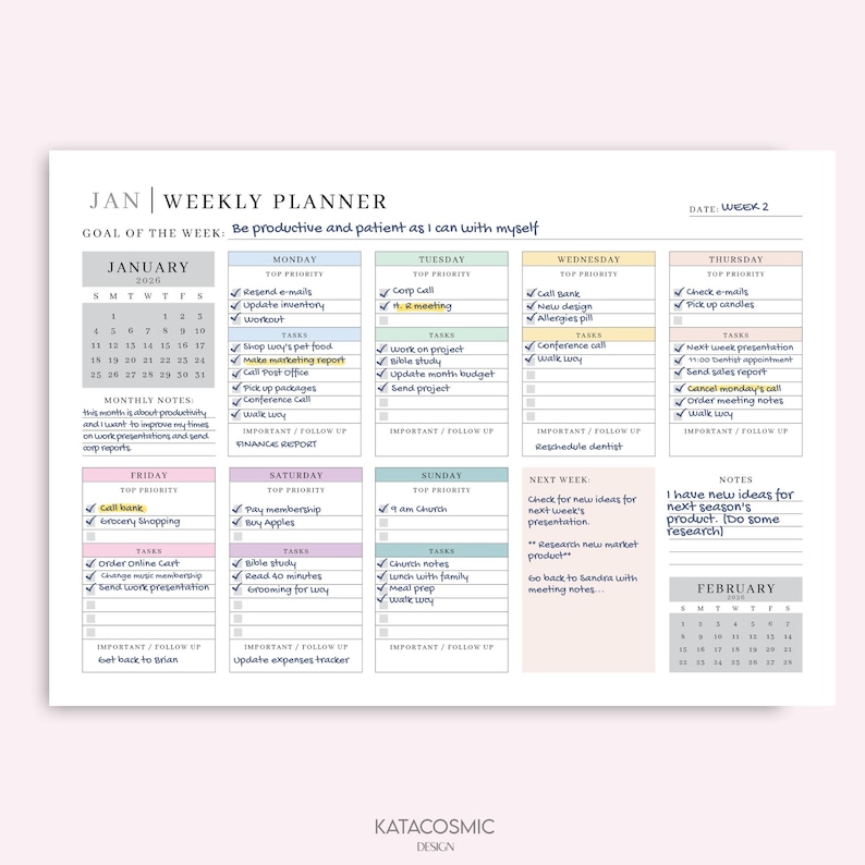 2026 Weekly Planner Printable Landscape, Minimalist Weekly Schedule, Week At a Glance, Weekly Organizer, Office Planner, To Do Desk Planner image 2