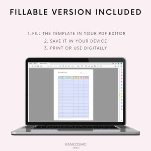 May include: A laptop displaying a "Work Log" template. The screen shows a blue and white form with columns for date, activity, start time, end time, and total time. Text at the top reads "FILLABLE VERSION INCLUDED". Instructions are also visible.