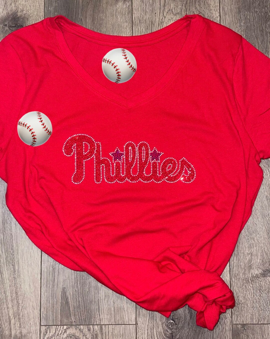 Phillies Red Vneck Rhinestone Tshirts Rhinestone Bling Etsy