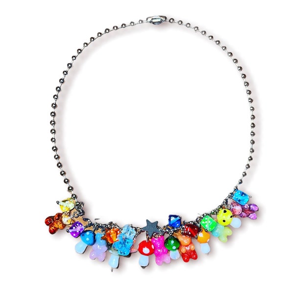 Bieber inspired charm necklace with gummy bears and mushroom charms