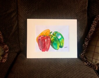 Sweet Peppers, Bell Peppers, Colorful Watercolor Painting on Paper, 8x10", Chiles, 3 Peppers