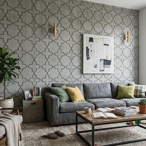 May include: A modern living room with a gray sofa, coffee table, and patterned wallpaper. The room features a potted plant, artwork, and decorative pillows. A cat sits on the windowsill. The room is decorated in neutral tones.