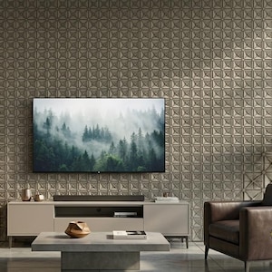 May include: A modern living room with a large flat-screen TV displaying a forest scene. The room features a neutral color palette with a patterned wall, a light-colored cabinet, a gray coffee table, and two brown leather armchairs.