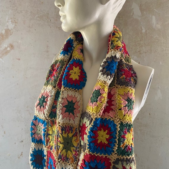 Vintage Granny Square Patch Knit Scarf - image 3
