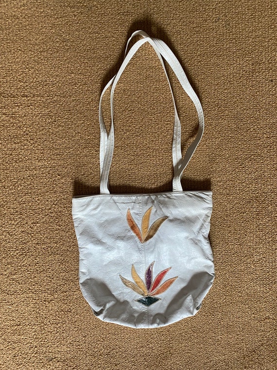 Leather Tote Bag Purse White 1970s Leaf Patchwork… - image 5