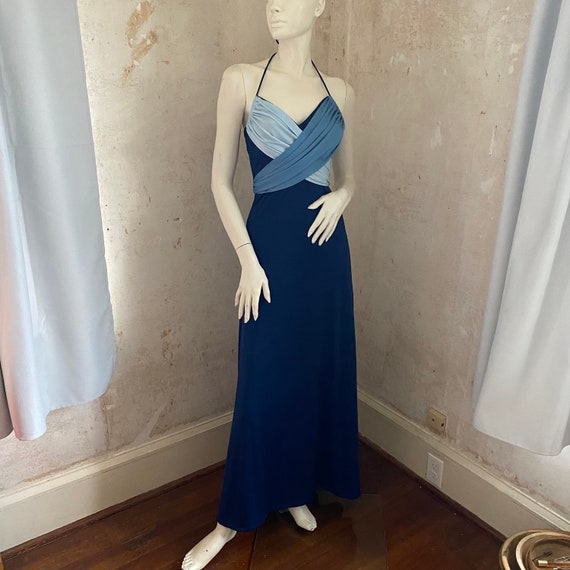 Maxi Long Halter Wrap Tie Sexy 1970s Dress Blue S… - image 1