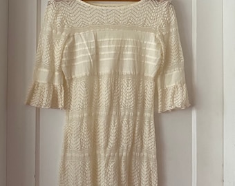 Cream crocheted Summer Dress Small Ruffles Sleeves Beach Coverup Feminine lace