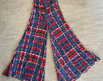 weites Bein High Waist Schlaghose karierte Glocken Hose 70er Jahre Vintage Freizeithose