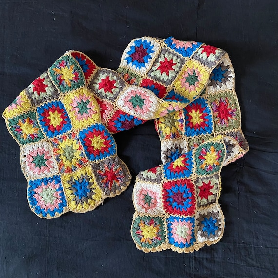 Vintage Granny Square Patch Knit Scarf