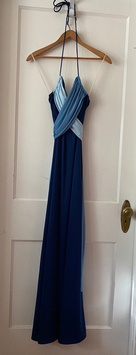 Maxi Long Halter Wrap Tie Sexy 1970s Dress Blue S… - image 7