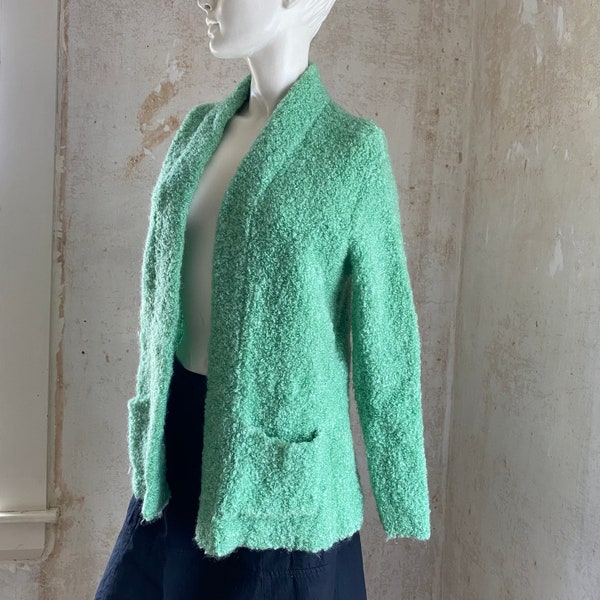 Vintage Mint Green Sweater Hand Knit Fuzzy Open Cardigan Lime Pistachio