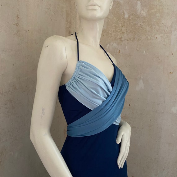 Maxi Long Halter Wrap Tie Sexy 1970s Dress Blue S… - image 4