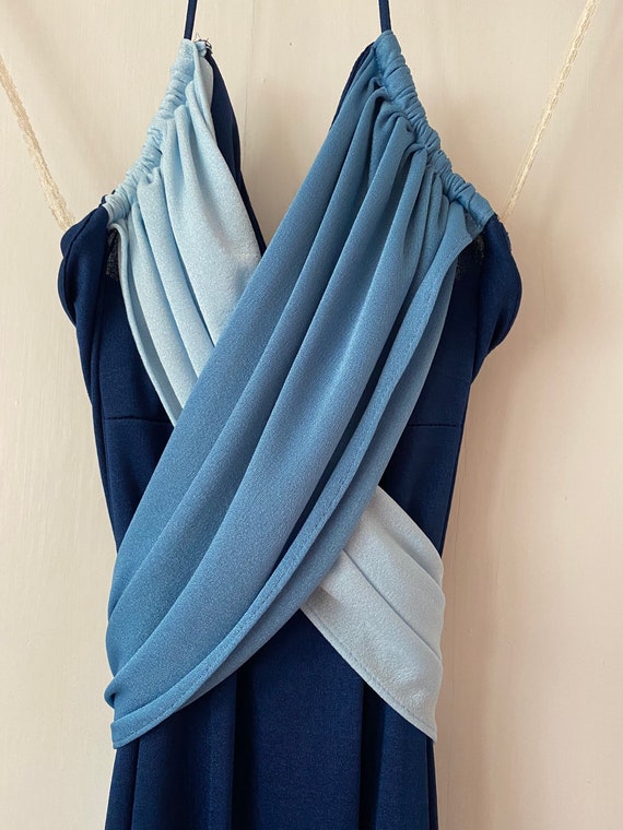 Maxi Long Halter Wrap Tie Sexy 1970s Dress Blue S… - image 5