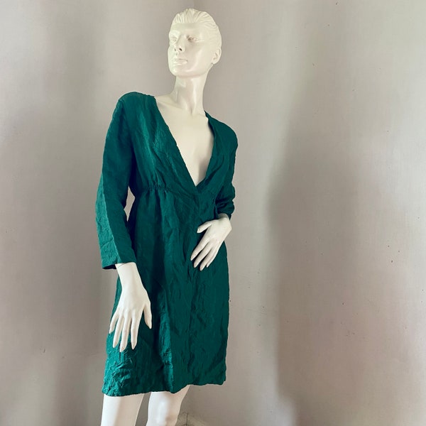 Emerald Green Dress Tunic Top Duster Robe Vintage Max Studio Crinkle Snap Deep V Neck