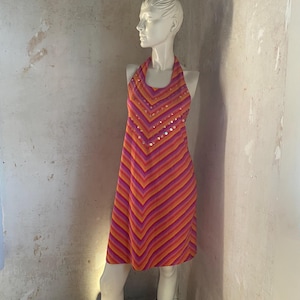 Halter Sequin Chevron Dress Summer purple peach orange gold Rainbow Iridescent Tie Back Boho
