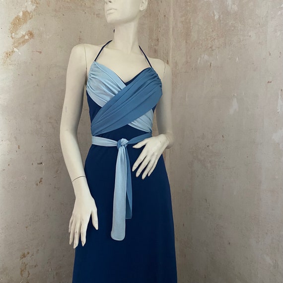 Maxi Long Halter Wrap Tie Sexy 1970s Dress Blue S… - image 2