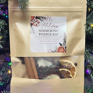 May include: A brown paper bag with a clear window, containing ingredients for simmering potpourri. The bag features a label with the word "Holiday" and instructions. Visible ingredients include cinnamon sticks, dried fruit, and berries.