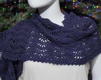 Handmade Cotton Midnight Blue Wrap • 100% Cotton Crochet Scarf • Lightweight All-Season Boho Shawl