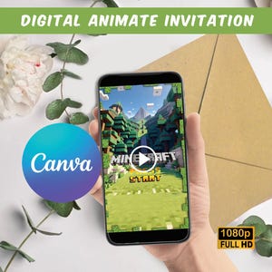Puede incluir: Una invitación digital para una fiesta de Minecraft, que se muestra en la pantalla de un teléfono inteligente. La invitación presenta un paisaje de Minecraft con un botón de reproducción y el texto "Press Start". La imagen también incluye el logotipo de Canva y una etiqueta "1080p Full HD".