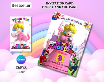 Princess Peach Invitation, Super Mario, Princess Birthday Invite, video invitation, Peach Party Invitation, Canva Template, invitation card
