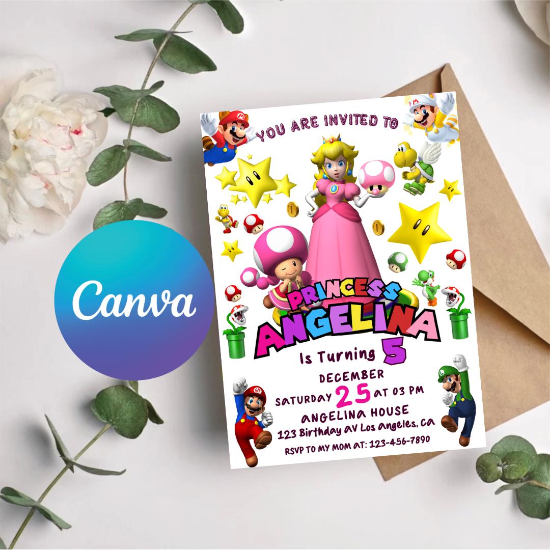 Princess Peach Birthday Invitation: Super Mario Canva Template (Digital Download)