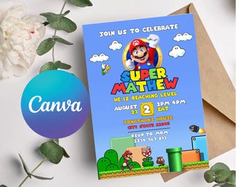 Zaproszenie urodzinowe Super Mario: edytowalny szablon Canva (pobranie cyfrowe)