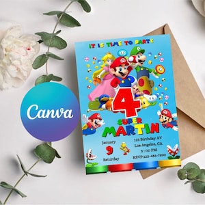 Convite Mario Bros, Convite de aniversário Super Mario, Convite Super Brothers boy, Videogame, Convite infantil, Modelo editável, Canva editável