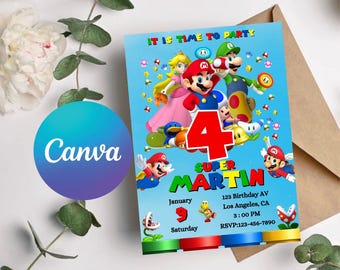Zaproszenie urodzinowe Super Mario: Zaproszenie dla dzieci grających w gry wideo (edytowalny szablon Canva)