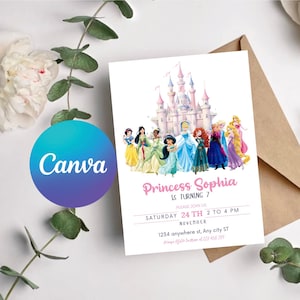 Princess Birthday Invitation, Princess Invitation, Princess Party Invitation, Girl Princesses Theme Invite Digital Editable Instant download