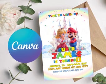 Zaproszenie urodzinowe Super Mario: edytowalny szablon Canva (pobranie cyfrowe)
