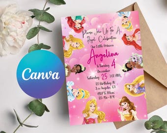 Zaproszenie urodzinowe dla księżniczki: edytowalny szablon Canva (pobranie cyfrowe)