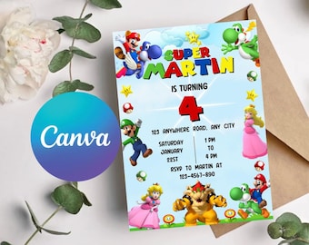 Zaproszenie urodzinowe Super Mario: Edytowalne zaproszenie do gry wideo (szablon Canva)