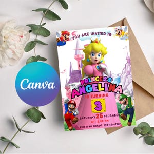Princess Peach Birthday Invitation: Super Mario Canva Template (Digital Download)