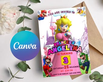 Zaproszenie urodzinowe Księżniczki Peach: Szablon Canva Super Mario (do pobrania cyfrowego)