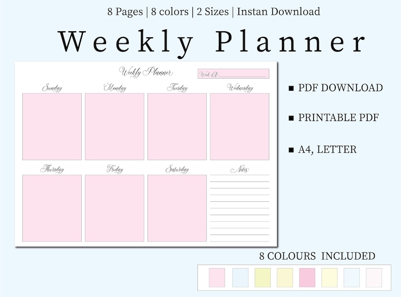 Weekly Planner Printable Landscape Minimalist Weekly Etsy