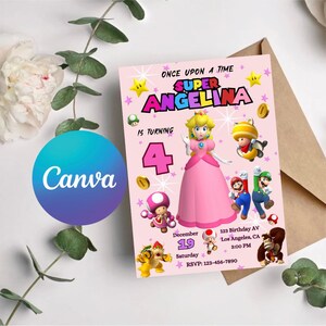 Convite Princesa Peach Convite de Aniversário da Princesa Super Mario Download Instantâneo Convite para Festa Peach Modelo Canva, cartão de convite