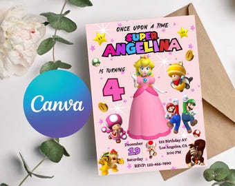 Princess Peach Birthday Invitation: Super Mario Party (Canva Template, Digital Download)